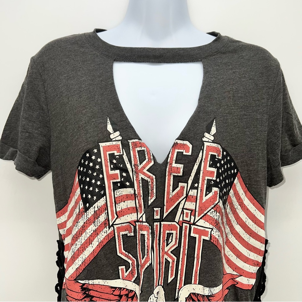 Derek Heart Patriotic Graphic Tee Laces Up The Sides- Charcoal:Crimson-Size S - Picture 2 of 9